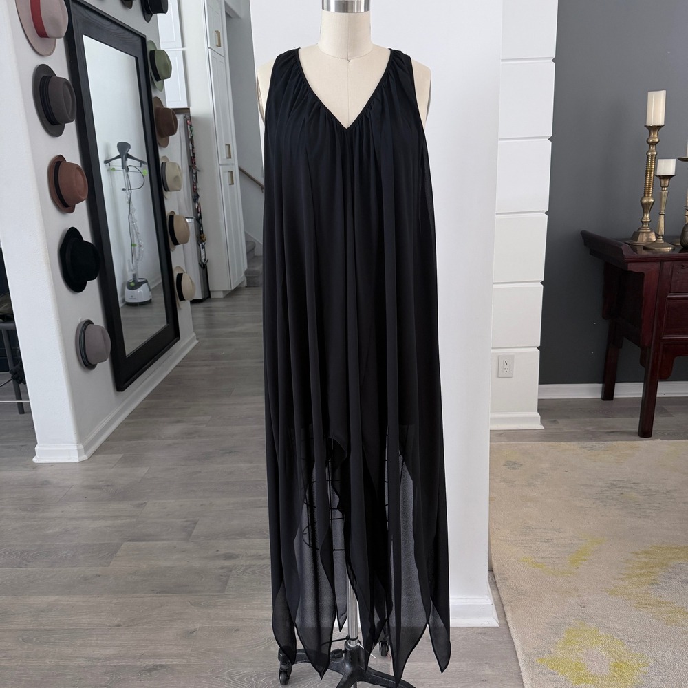 Michael Kors Black Chiffon Sharkbite Hem V-Neck Midi Dress NWT Small